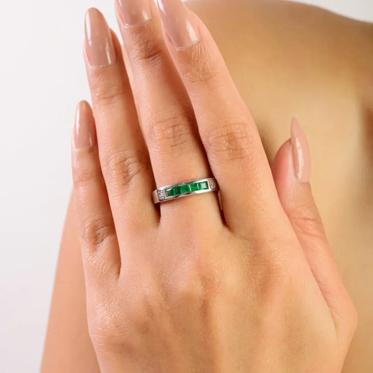 Best Selling Princess Cut Natural Emerald & Diamond Stacking Half Eternity Band Ring 925 Silver