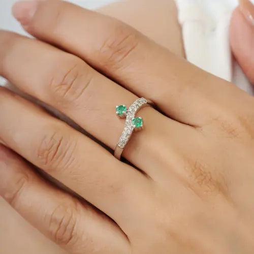 May Birthstone Round Emerald & Diamond 925 Sterling Silver Wave Band Ring For Women's Everyday Wear