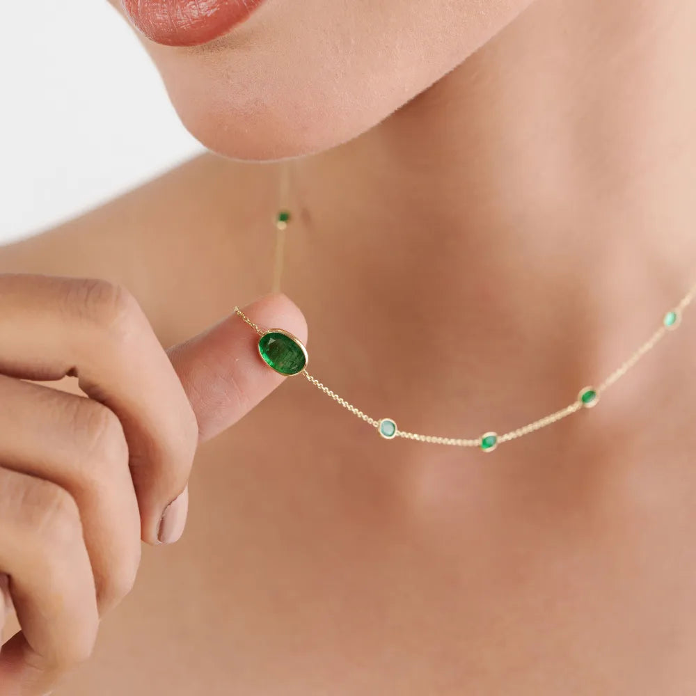 Precious Gemstone Fine Emerald Station Chain Necklace May Birthstone Pure 14K Yellow Gold Women's Jewelry