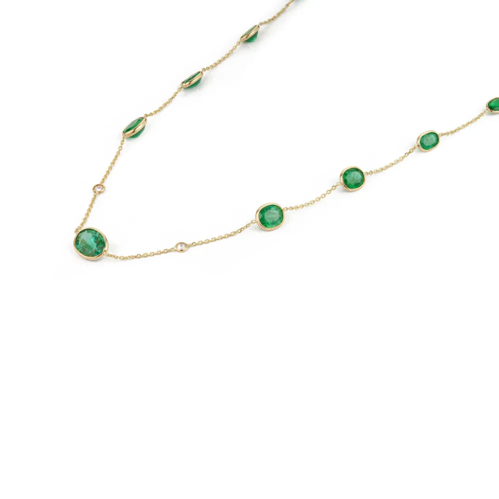 Latest Design Handmade Emerald & Diamond 14K Solid Yellow Gold Station Necklace Light Weight Jewelry