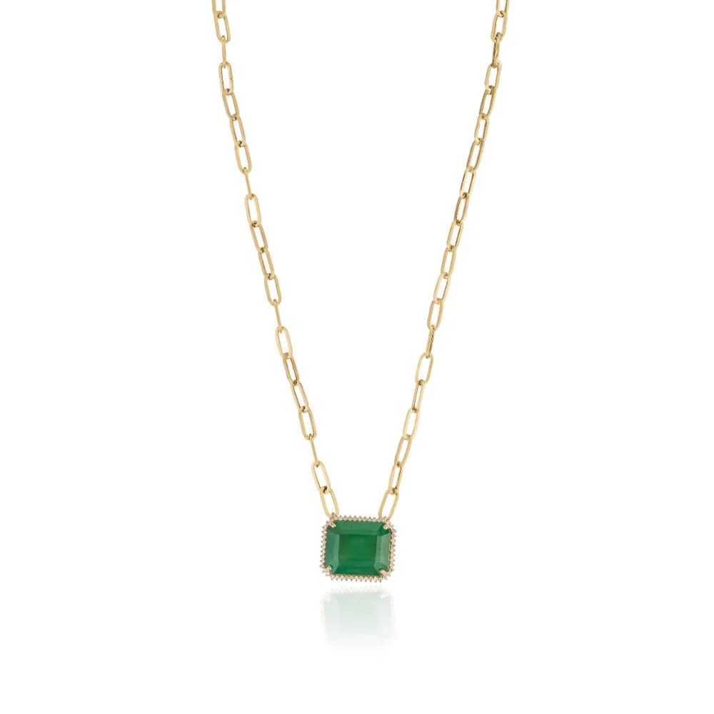 18.82ct. Zambian Emerald & Diamond Cluster Paperclip Chain Pendant Necklace K14 Yellow Gold Jewelry