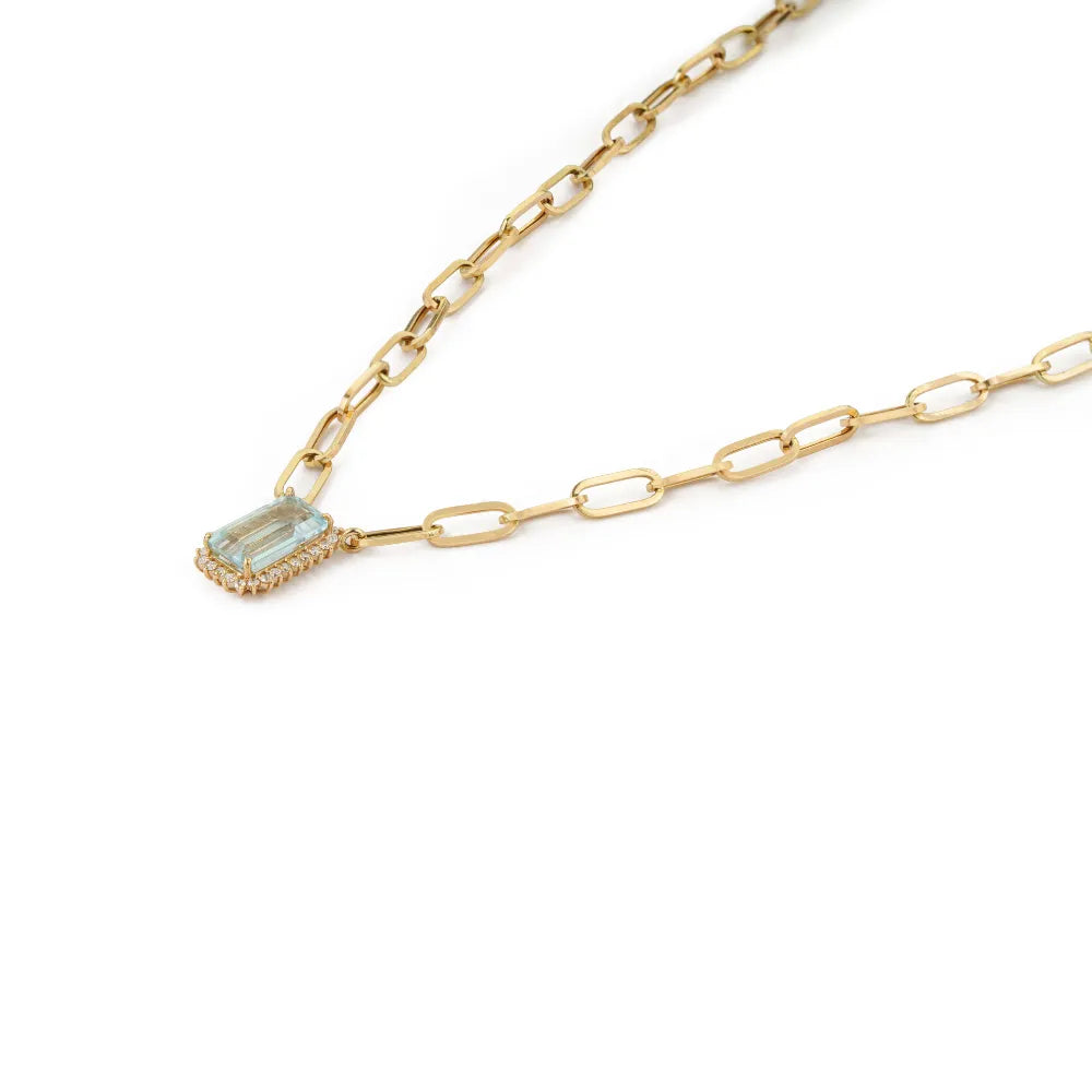 Semi Precious Gemstone Aquamarine & Diamond Paperclip Chain Cluster Pendant Necklace 14K Real Yellow Gold