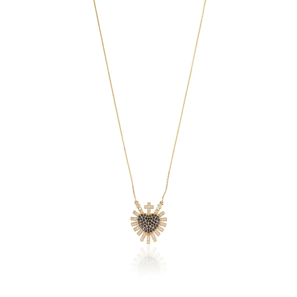 Gorgeous Blue Sapphire & Diamond Sacred Heart Sunburst Pendant Necklace 14K Solid Yellow Gold Jewelry