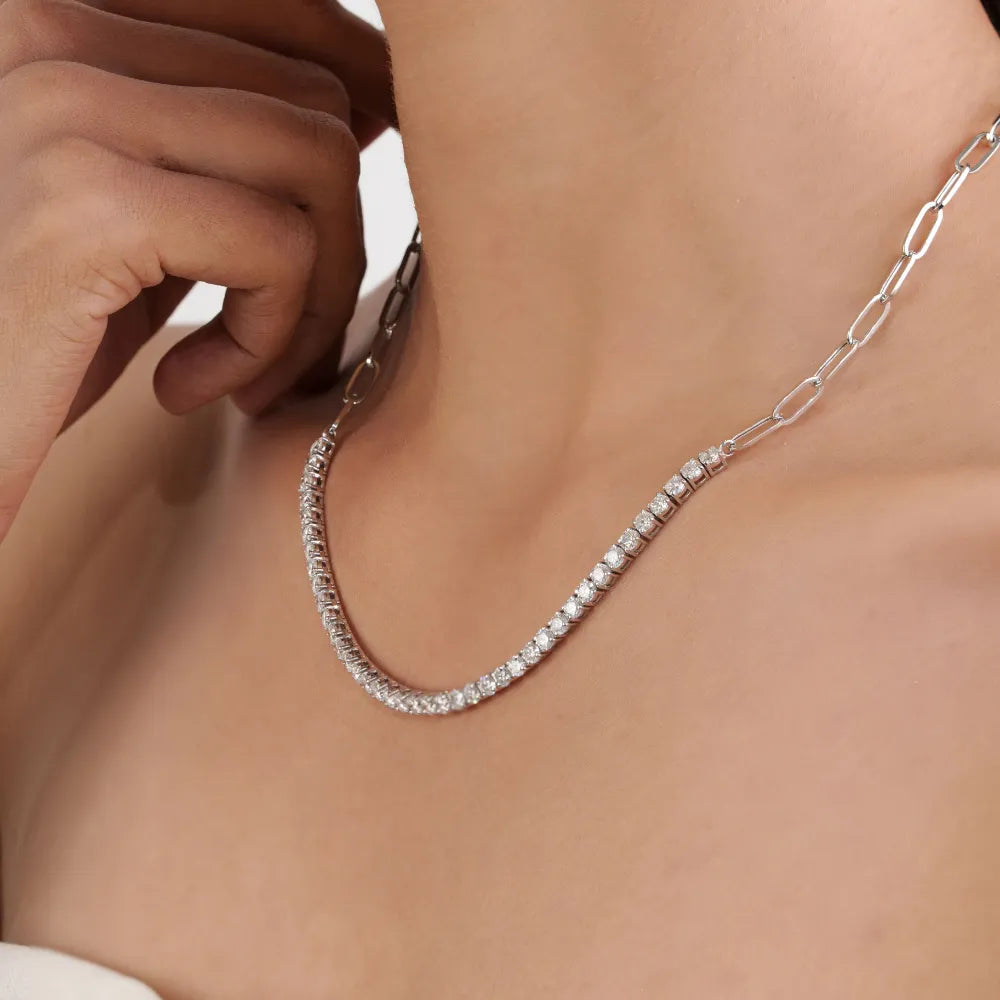 3mm Round Cut Diamond Real K14 White Gold Paperclip Chain Half Tennis Necklace Sparkle Bulk Jewelry