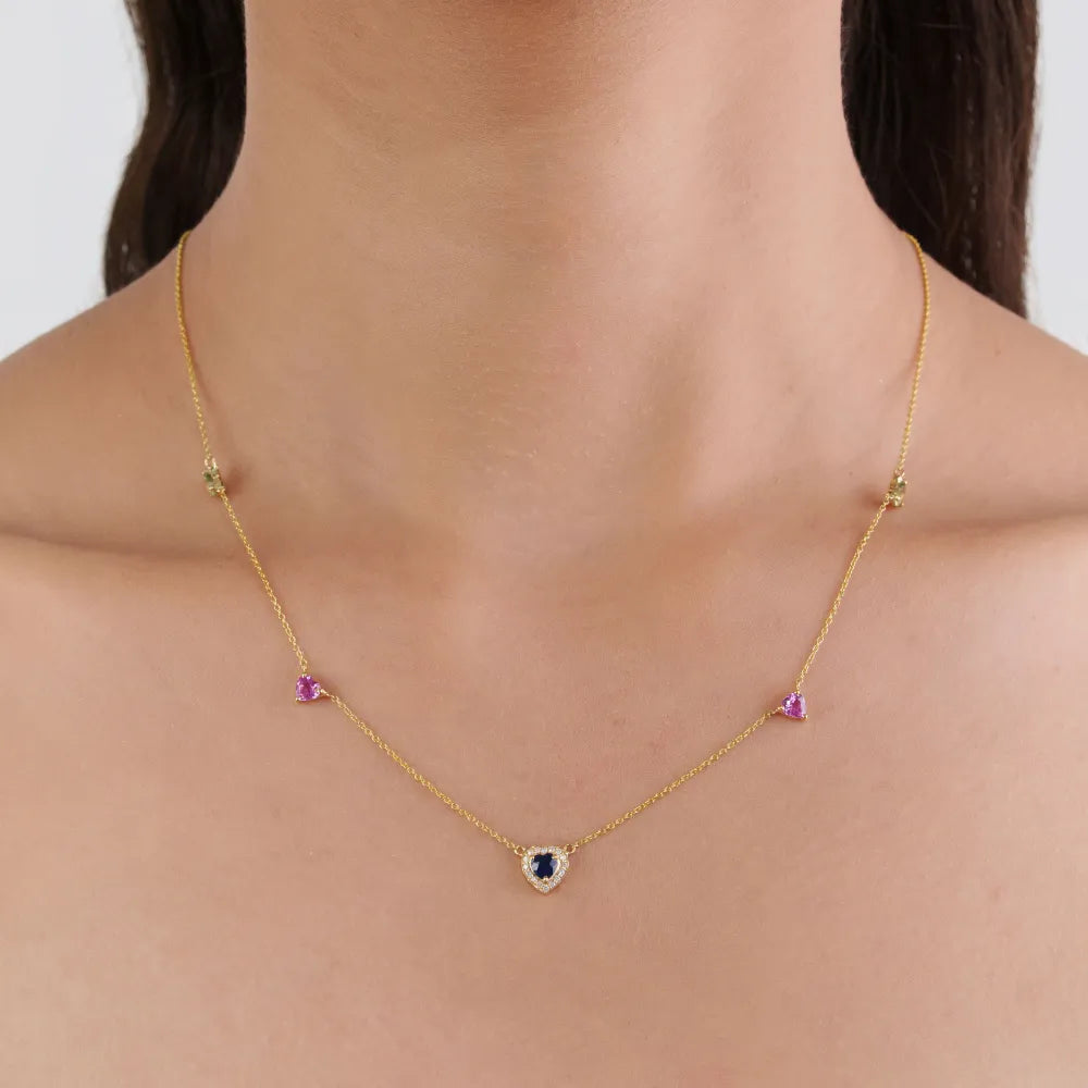 Heart Shape Multi Sapphire & Diamond Elegant Charm Necklace Real K14 Yellow Gold Customized Jewelry