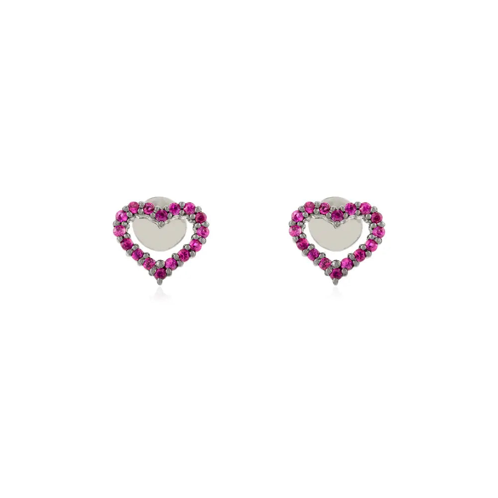 Anniversary Gift Real K14 White Gold Round Cut Ruby Open Heart Stud Earrings Fine Jewelry