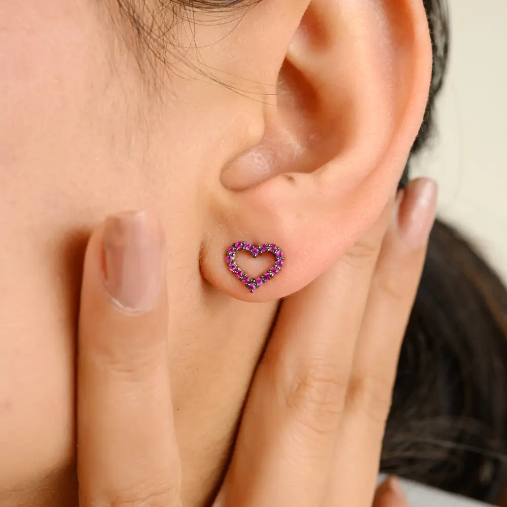 Anniversary Gift Real K14 White Gold Round Cut Ruby Open Heart Stud Earrings Fine Jewelry
