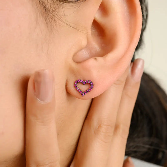 Anniversary Gift Real K14 White Gold Round Cut Ruby Open Heart Stud Earrings Fine Jewelry