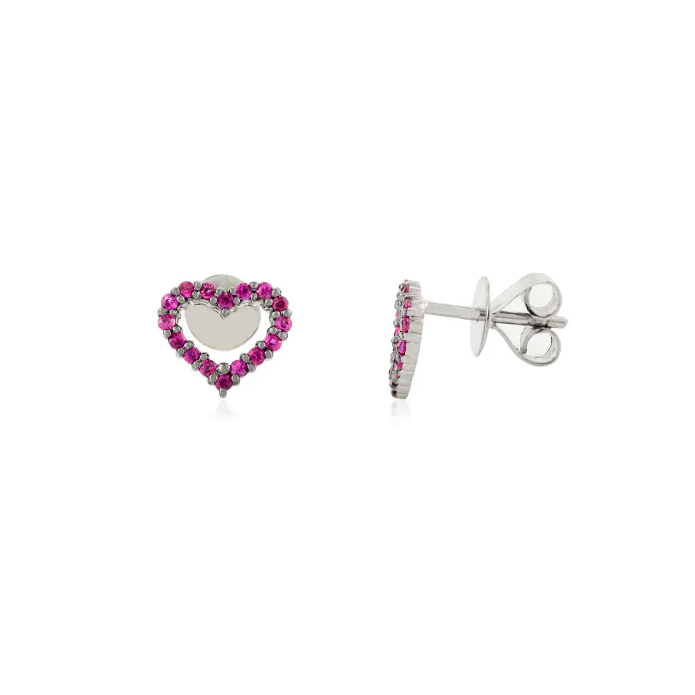 Anniversary Gift Real K14 White Gold Round Cut Ruby Open Heart Stud Earrings Fine Jewelry