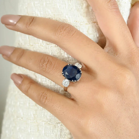 Real White Gold Blue Sapphire & Diamond Double Prong Setting Statement Three Stone Ring