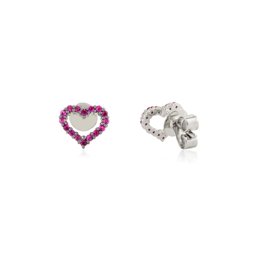 Anniversary Gift Real K14 White Gold Round Cut Ruby Open Heart Stud Earrings Fine Jewelry