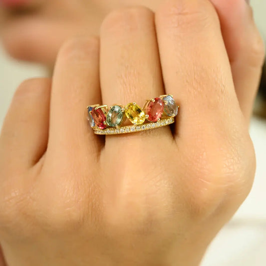 Wholesale Multi Sapphire & Diamond Crown Ring K14 Yellow Gold Wedding Party Wear Jewelry