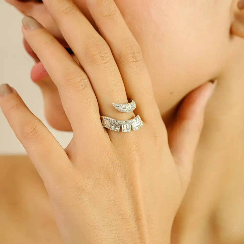 Luxurious Sparkling 14K White Gold Natural Diamond Bypass Ring Statement Bold Jewelry