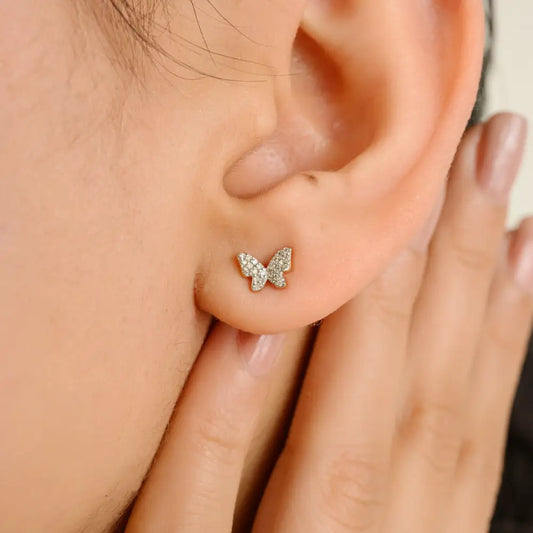18K Real Yellow Gold Natural Diamond Small Butterfly Stud Earrings Gift For Her Trending Jewelry