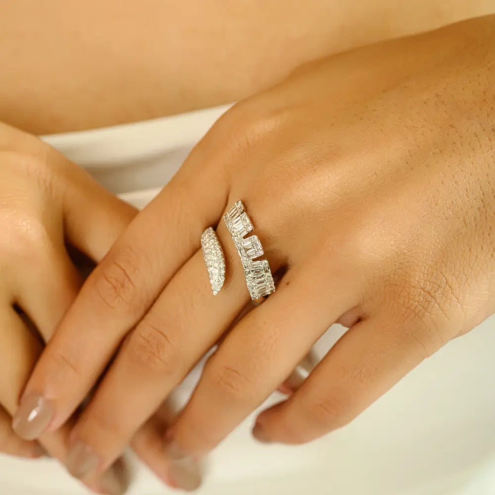 Luxurious Sparkling 14K White Gold Natural Diamond Bypass Ring Statement Bold Jewelry
