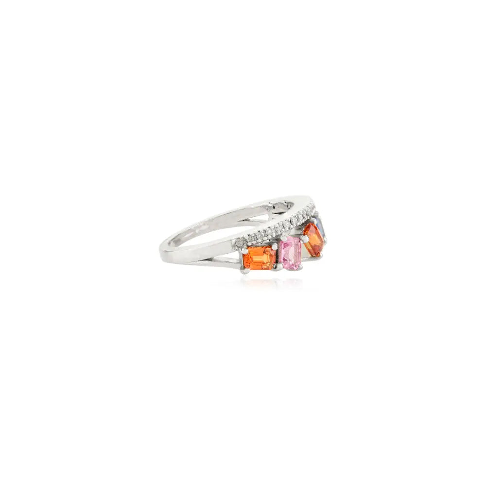 Square Shape Multi Sapphire & Round Cut Diamond Crown Ring Real White Gold 14K Jewelry