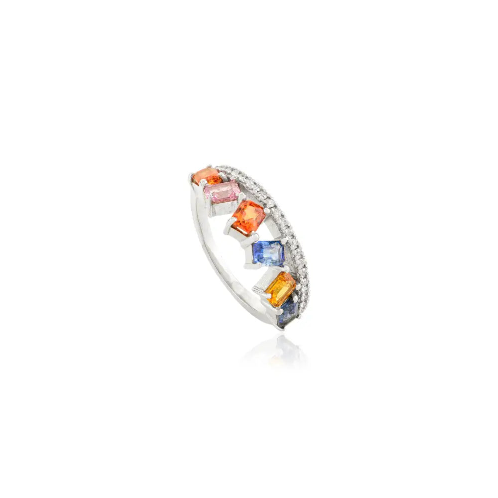 Square Shape Multi Sapphire & Round Cut Diamond Crown Ring Real White Gold 14K Jewelry