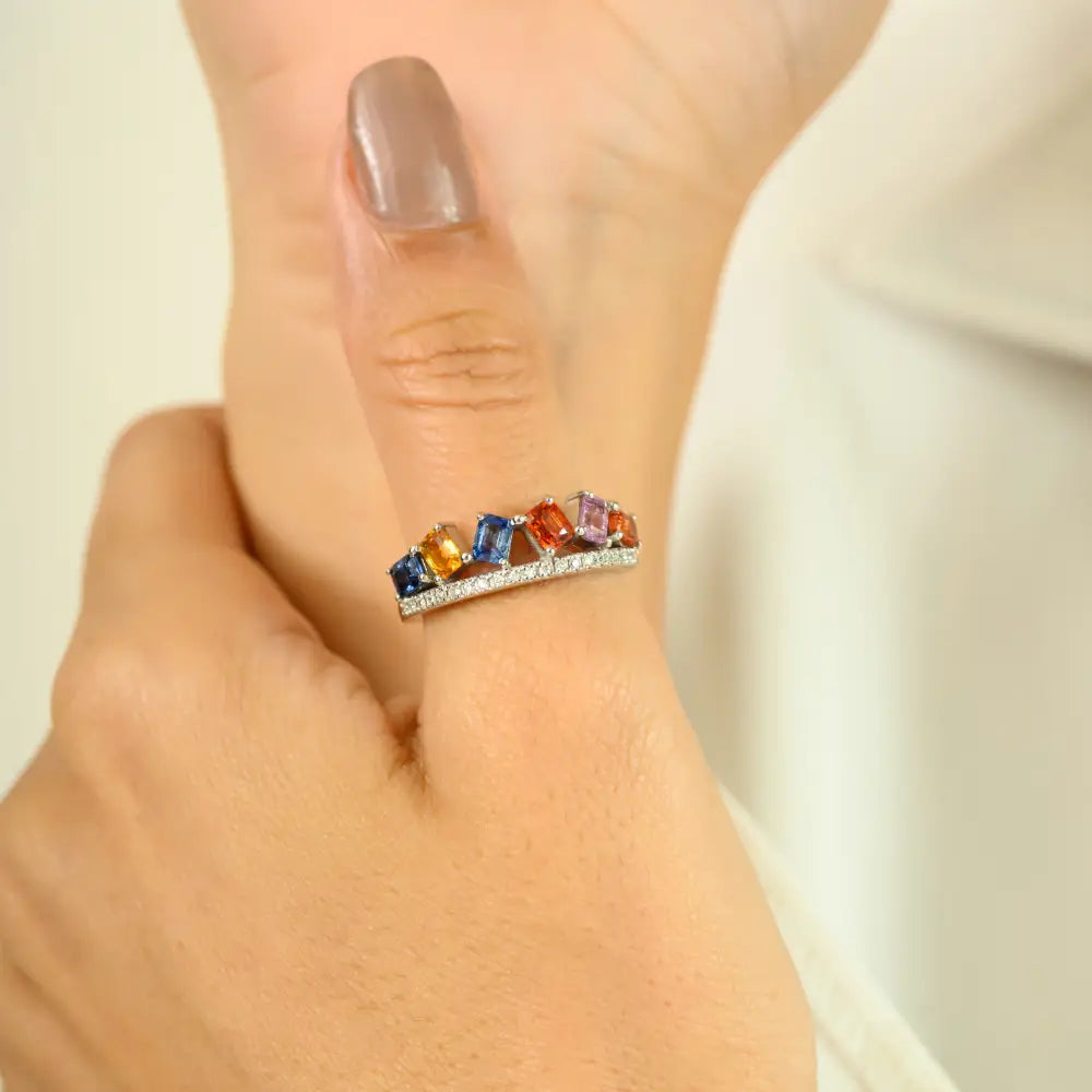 Square Shape Multi Sapphire & Round Cut Diamond Crown Ring Real White Gold 14K Jewelry