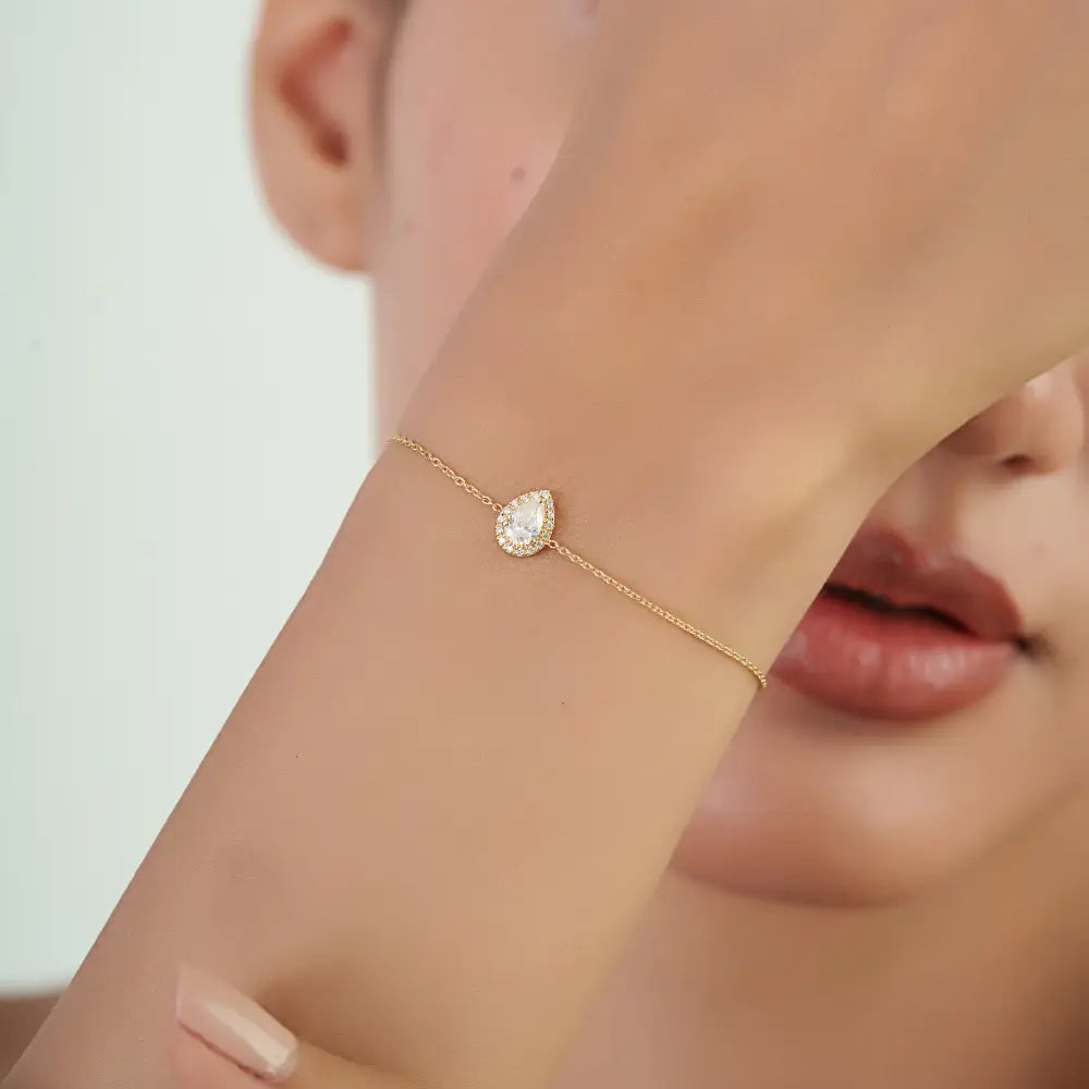 Stunning Delicate 14K Real Yellow Gold Natural Diamond Pear Shape Halo Link Chain Bracelet
