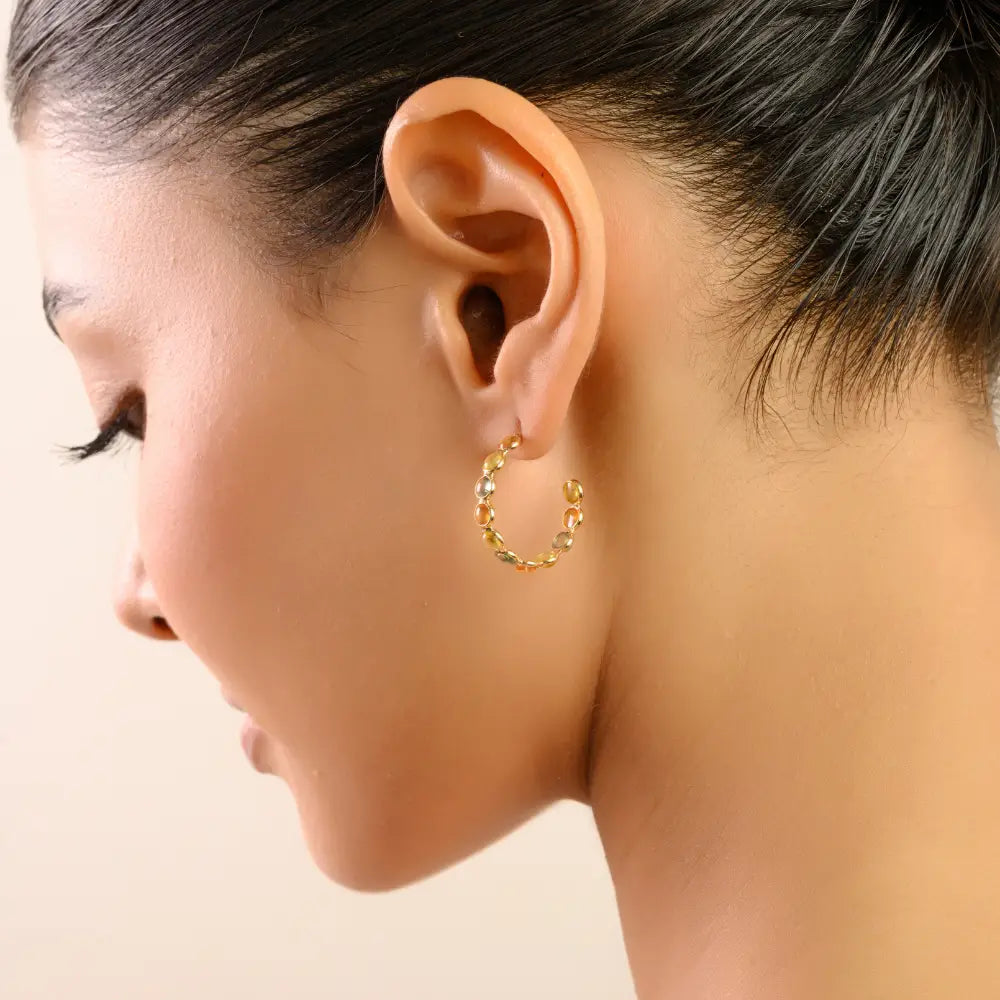 Rainbow Colorful Multi Sapphire 18K Pure Yellow Gold Dainty C Hoop Earrings Birthstone Jewelry