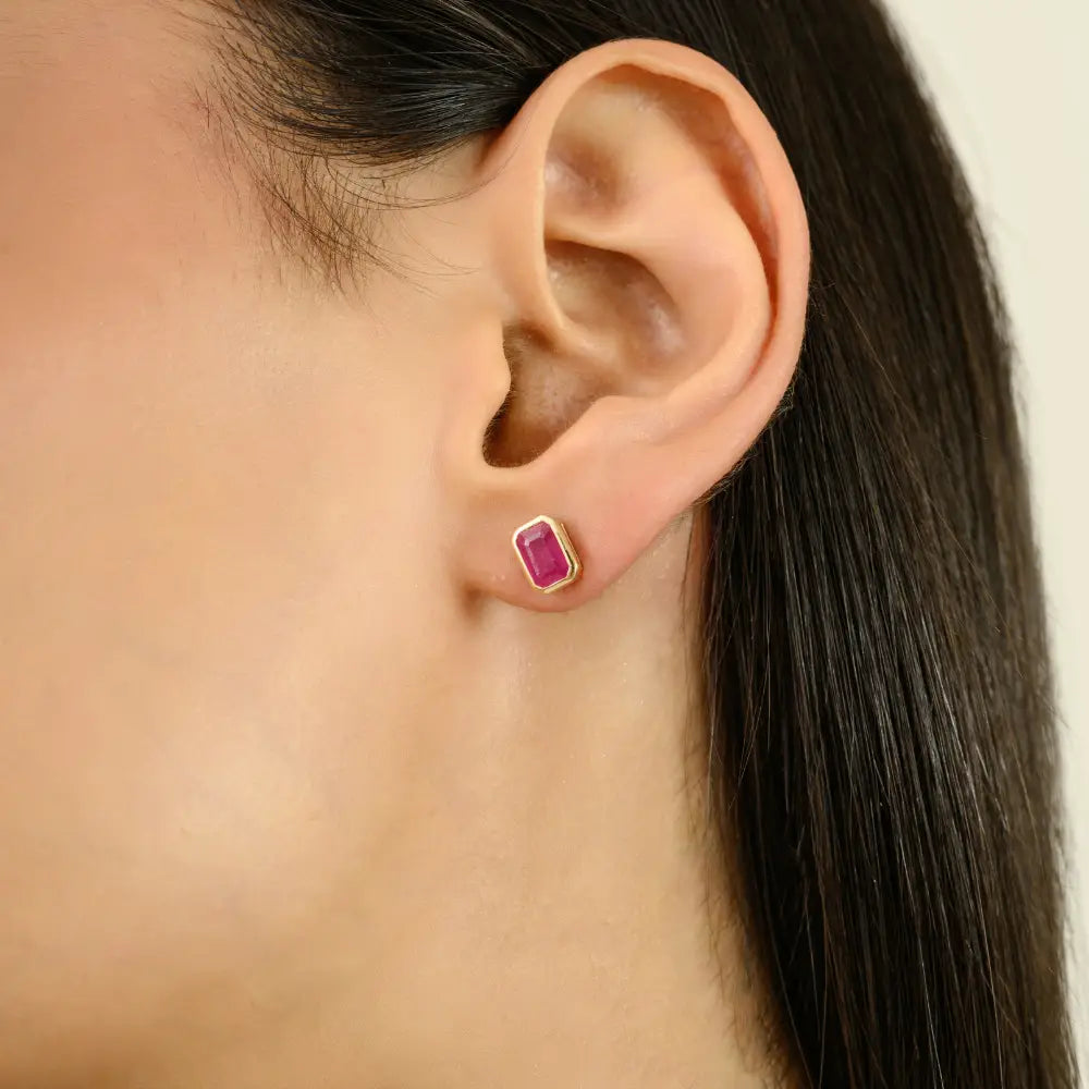 100% Genuine Ruby July Birthstone Bezel Set Solitaire Stud Earrings Gift For Women 14K Gold