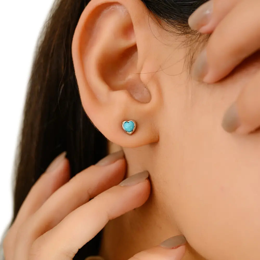 Minimalist Design Turquoise Gemstone Heart Shape Stud Earrings Real K14 White Gold Jewelry