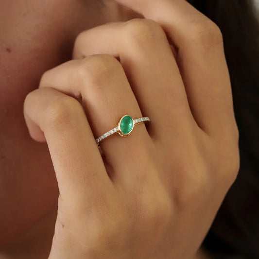 Simple Elegant 14K Real Yellow Gold Emerald & Diamond Stacking Engagement Ring For Unisex