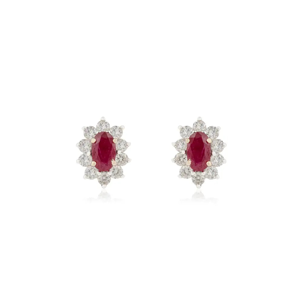 Minimal Real Ruby & Diamond 14K Yellow Gold Cluster Stud Earrings Daily Wear Jewelry