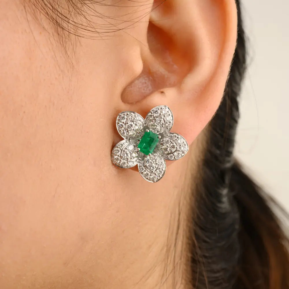 New Arrivals Octagon Emerald & Diamond 14K White Gold Flower Stud Earrings