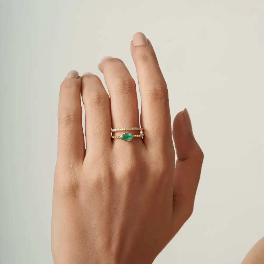 Real Emerald & Diamond Double Band Ring K14 Solid Yellow Gold Stackable Jewelry Supplier