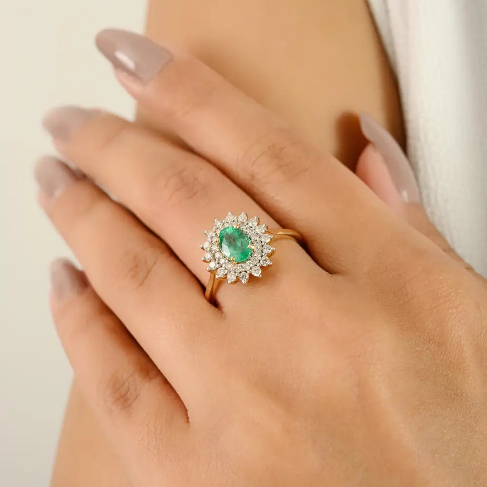 Best Selling Emerald & Diamond Double Cluster Ring Real 18K Yellow Gold Engagement Jewelry