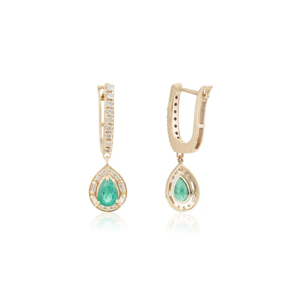 Elegant Emerald & Diamond K14 Real Yellow Gold Halo Hoop Drop Earrings Women Jewelry