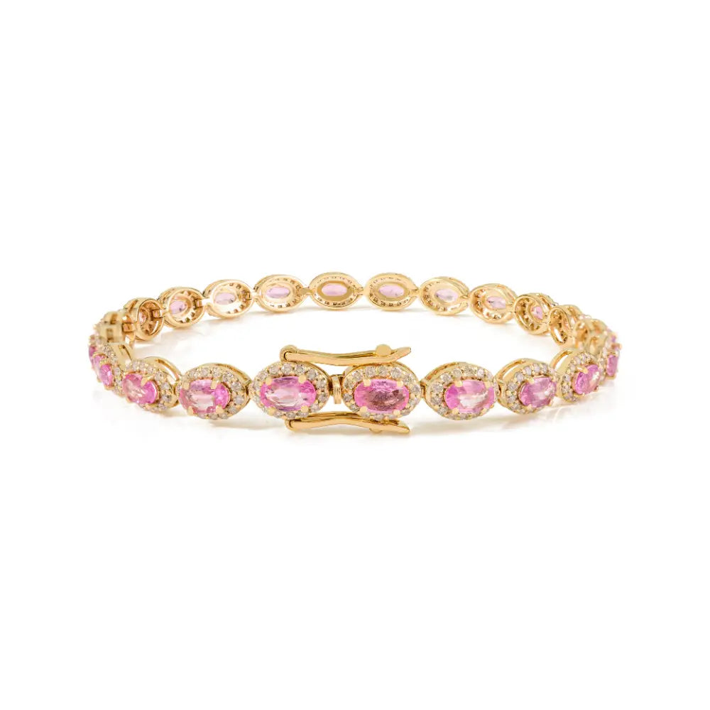 Pink Sapphire & Diamond Box Lock Halo Tennis Bracelet K14 Solid Yellow Gold New Jewelry