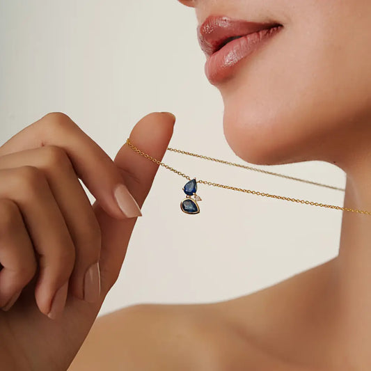 Solid 14K Yellow Gold Blue Sapphire & Diamond Minimal Stackable Pendant Necklace Women