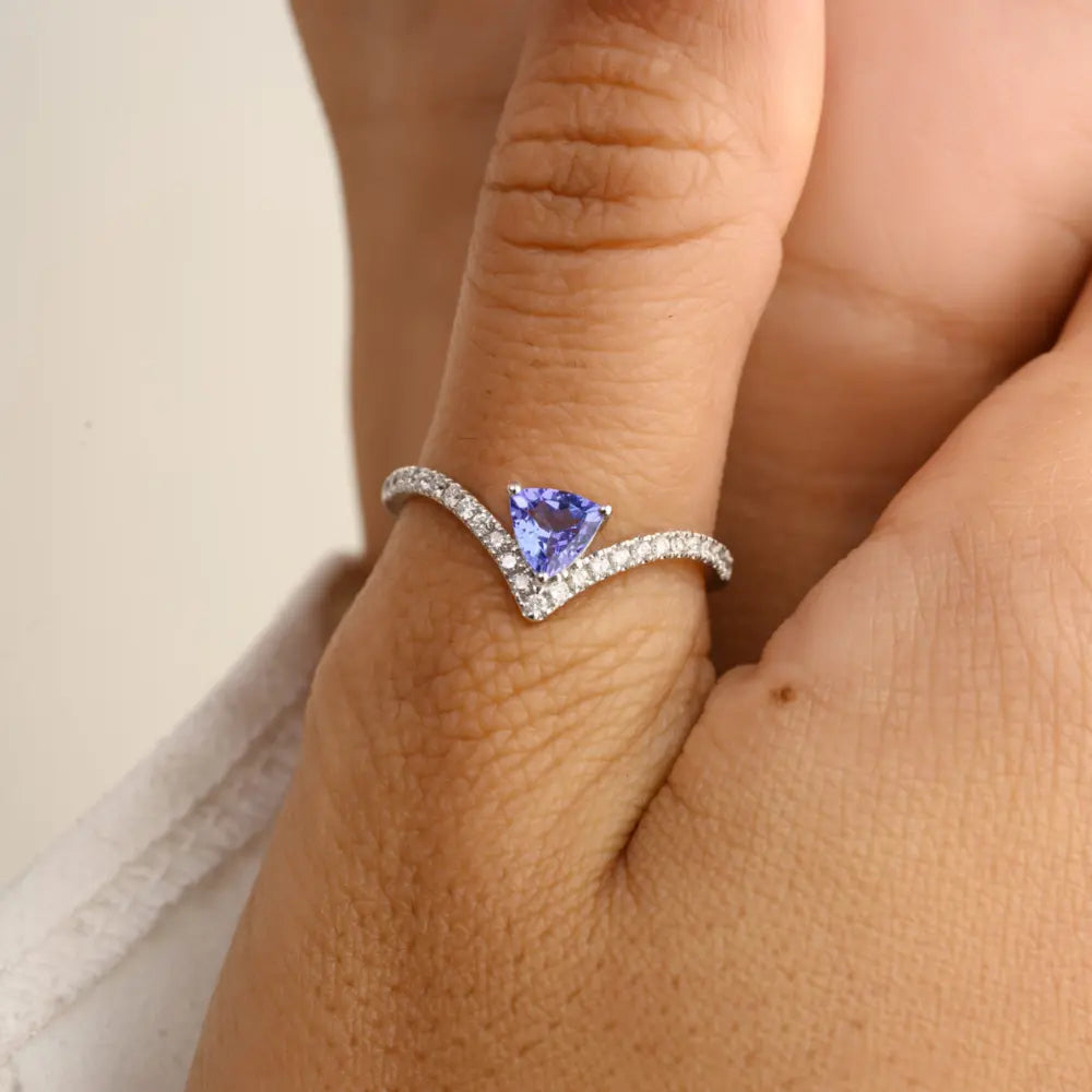 New Arrivals Natural Tanzanite & Diamond Solid K14 White Gold Chevron Ring