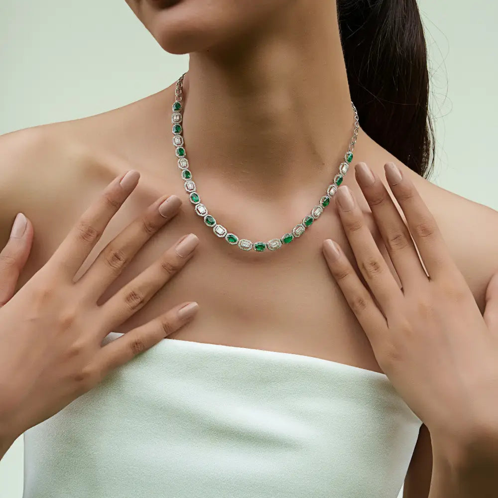 Zambian Emerald & Diamond Luxury Tennis Necklace 14K White Gold Bridal Jewelry Supplier