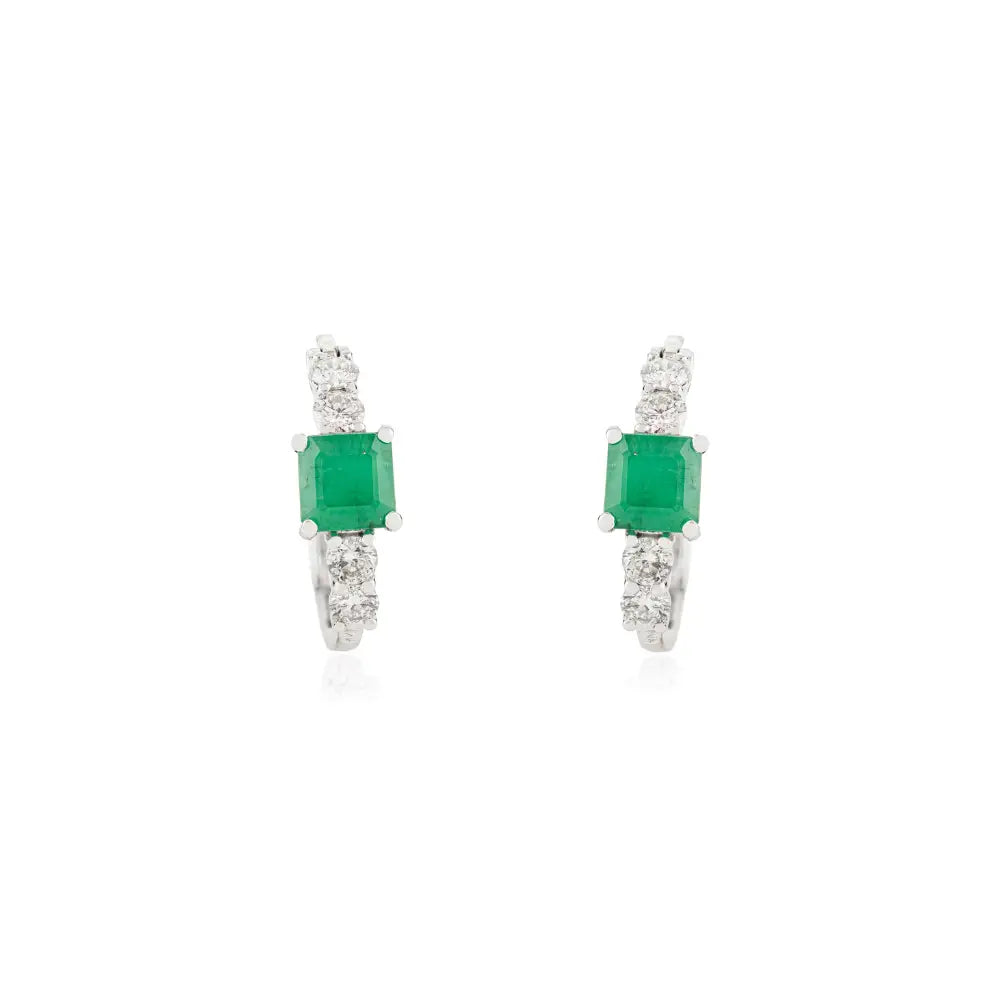 Prong Setting Emerald & Diamond K14 White Gold Everyday Hoop Earrings For Women Gift