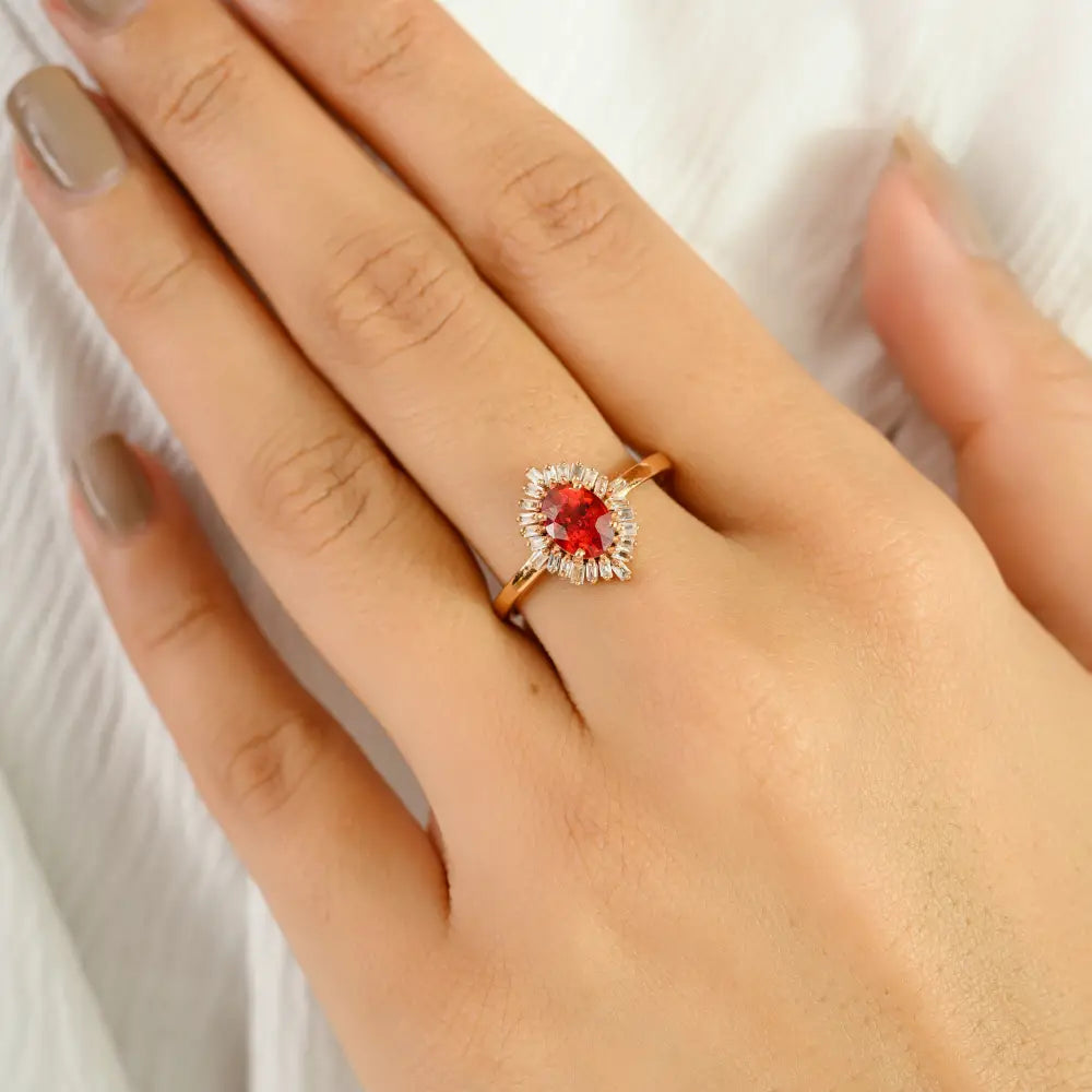 Elegant Design 14K Solid Rose Gold Orange Sapphire & Diamond Cluster Ring Minimal Jewelry
