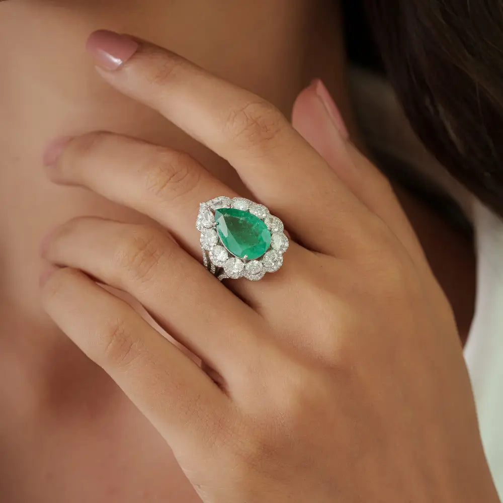 Luxurious 18K White Gold 5 Ct. Zambian Emerald & Diamond Triple Shank Cluster Ring Wedding