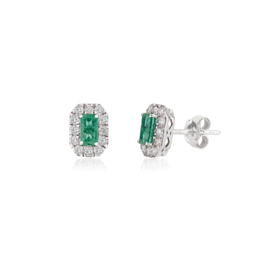 Dainty Small Emerald & Diamond Halo Stud Earrings Handmade 14K Pure White Gold Jewelry