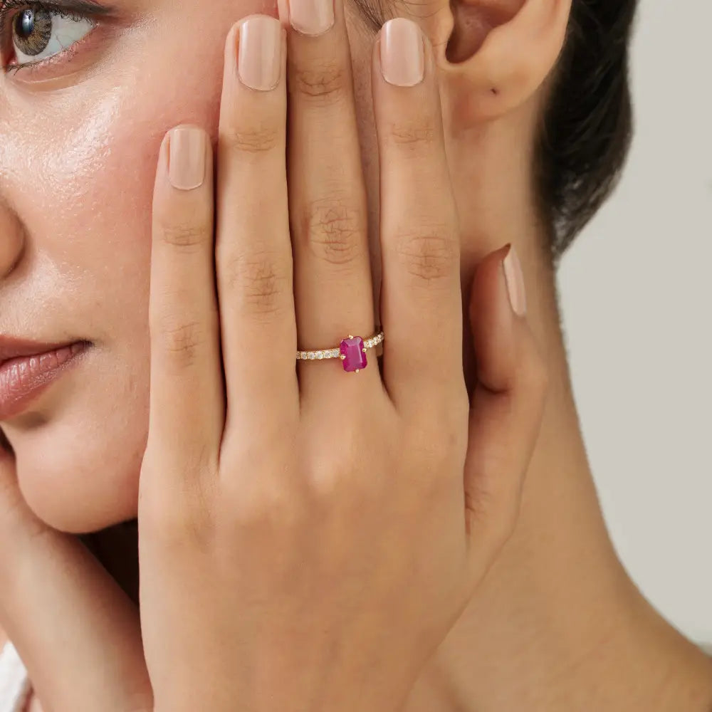14K Solid Yellow Gold Prong Set Ruby & Diamond Engagement Finger Ring Anniversary Gift