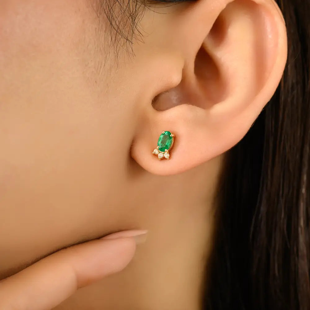 Minimalist Oval Emerald & Round Diamond 14K Yellow Gold Small Stud Earrings Daily Wear Jewelry