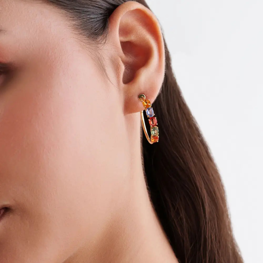 5x4mm Oval Cut Multi Sapphire C Shape Hoop Earrings Real 14K Yellow Gold Fine Jewelry
