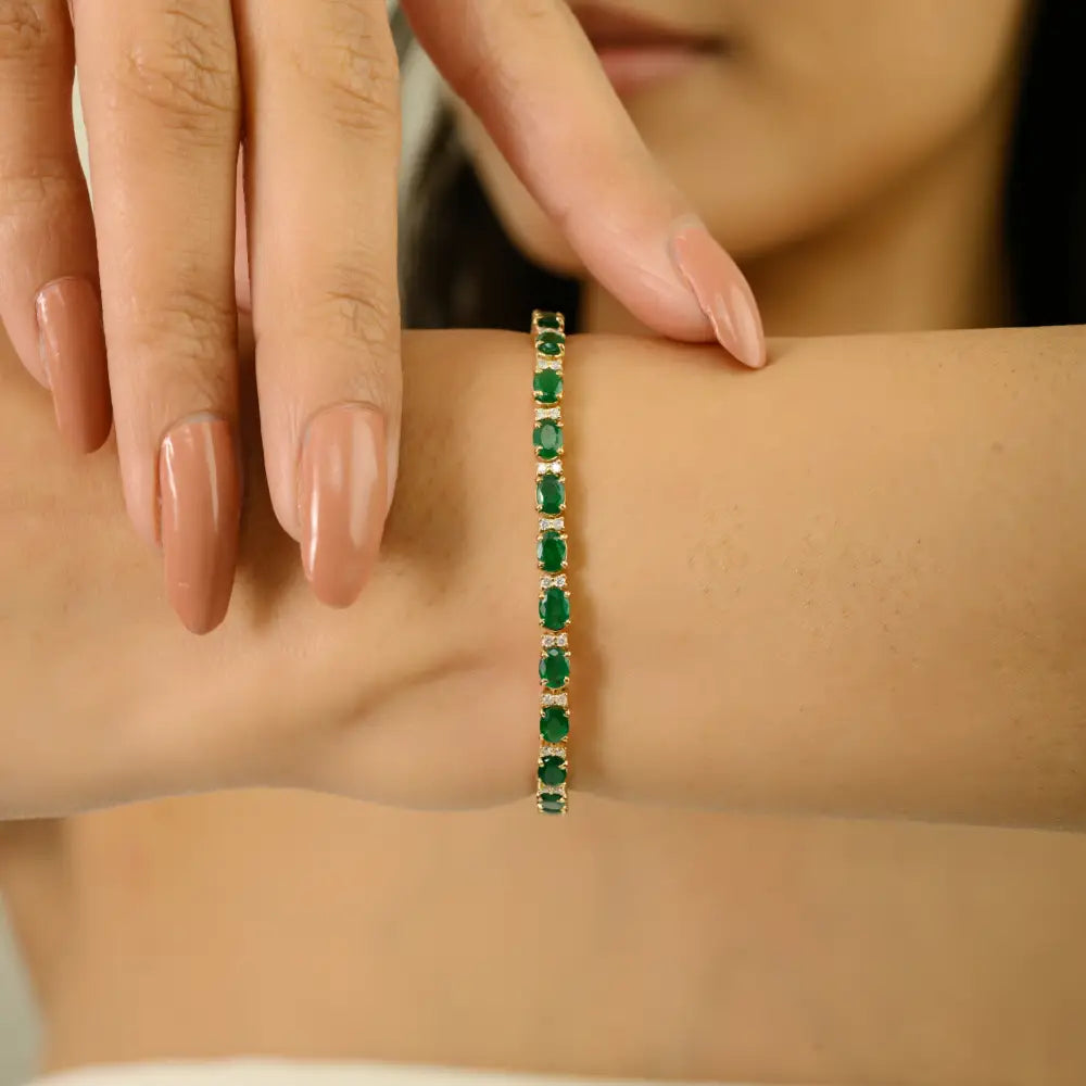 Stackable Box Lock Tennis Bracelet Featuring Emerald & Diamond 14K Solid Yellow Gold