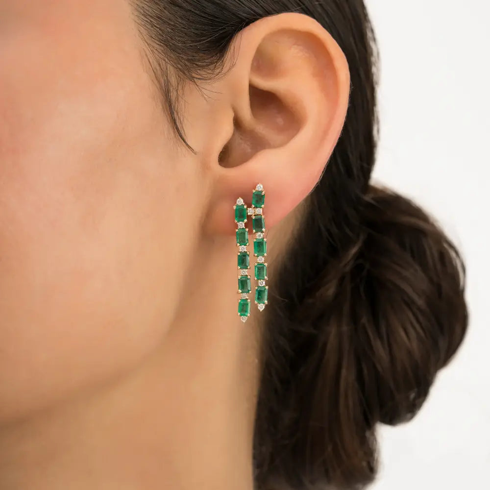 K14 Yellow Gold Fine Emerald & Diamond Two Line Dangle Earrings For Women Wedding Jewelry