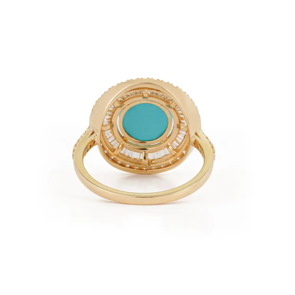 Round Cut Turquoise & Diamond Double Cluster Statement Ring December Birthstone 14K Gold
