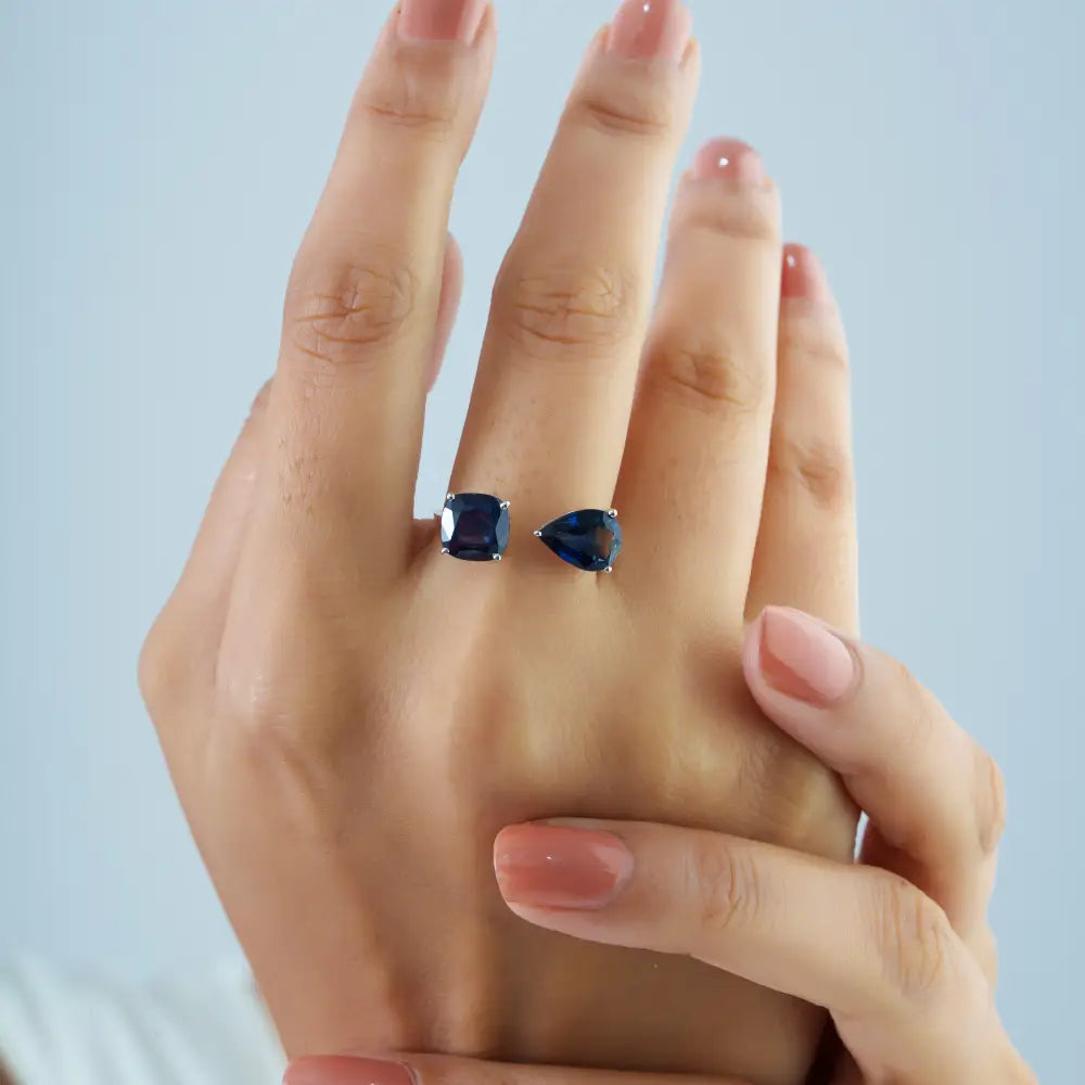 Best Quality Prong Set Blue Sapphire Gemstone Open Ring 18K Pure White Gold Bulk Jewelry
