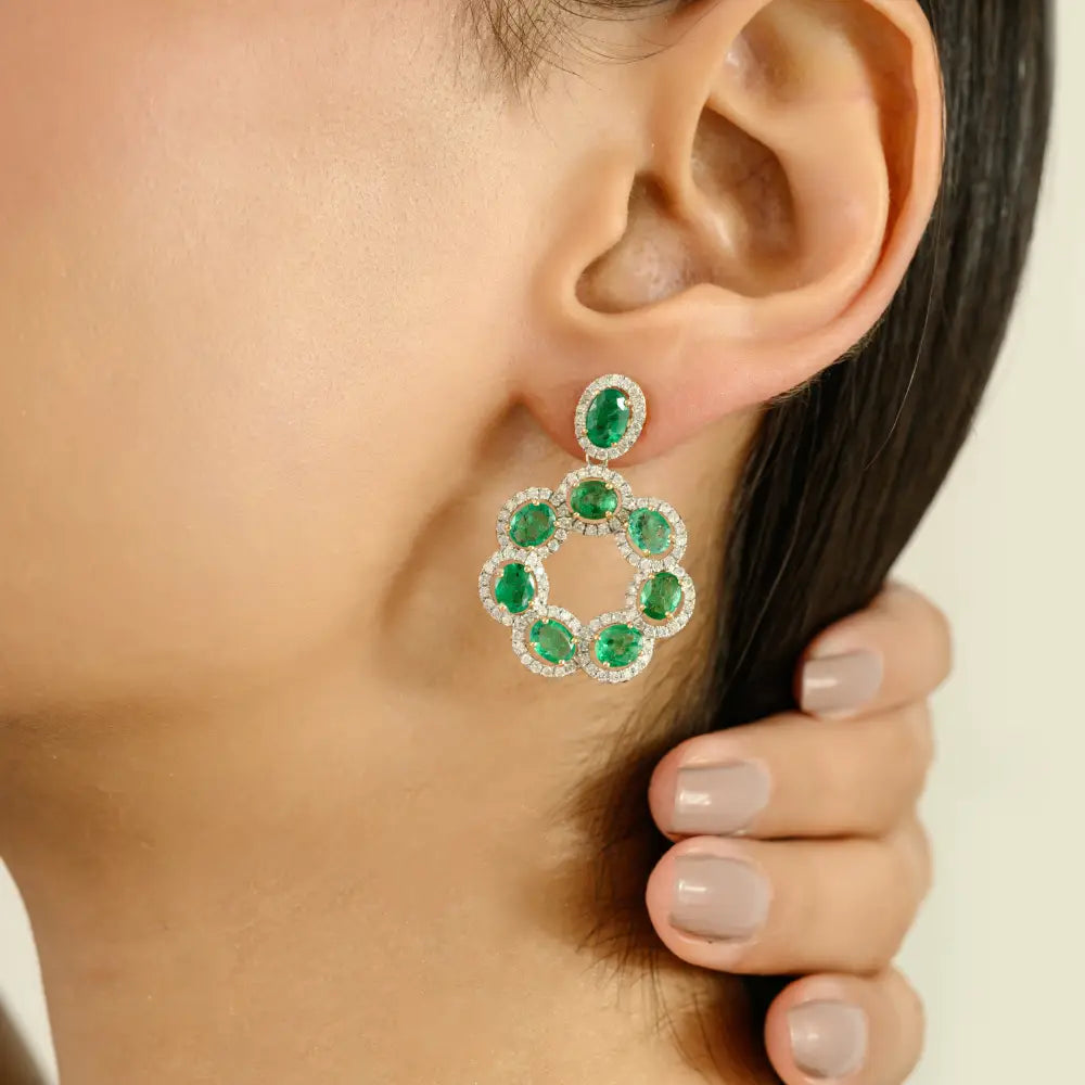 Floral Inspired Zambian Emerald & Diamond Statement Drop Earrings 18K Yellow Gold Fine Jewelry