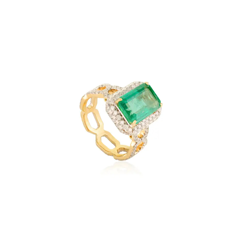 3.17ct. Zambian Emerald & Diamond Bold Statement Ring Bridal Bulk Jewelry 18K Yellow Gold