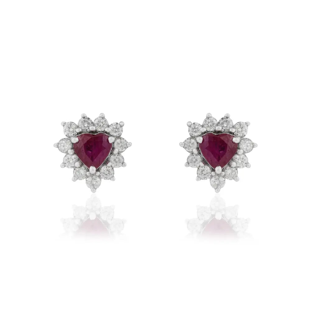 Solid 14K White Gold Heart Shape Ruby & Diamond Cluster Stud Earrings For Women & Girls